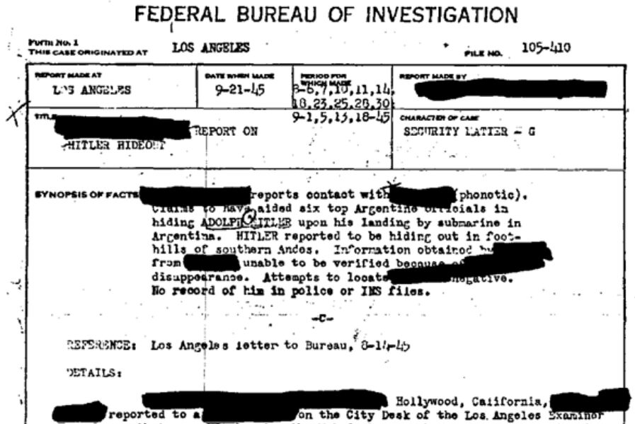 Document del FBI del 21 de setembre del 1945 informant que Adolf Hitler i Eva Braun estaven en els contraforts del Sud dels Andes.
