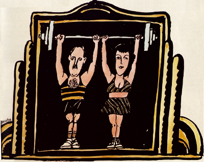Un home i una dona sostenen junts unes peses d'halterofília. Dibuix: Juan Ballesta.