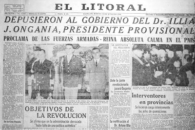 Title page of newspaper “El Litoral”: “Dr. Illia’s government removed from office. J. Onganía acting President”.