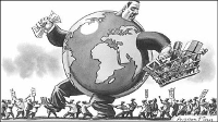 Capitalismo global por encima de manifestantes. Fuente: Eldiario.es.