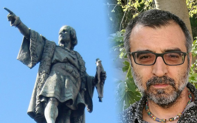 Estàtua de Cristòfor Colom a Barcelona (esquerra) i Jordi Bilbeny (dreta).