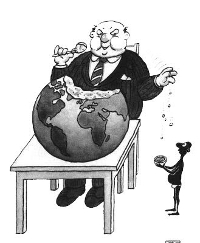 Hombre gordo comiéndose el mundo, dando migas a un hombre delgado. Fuente: Web «O grande zoo».