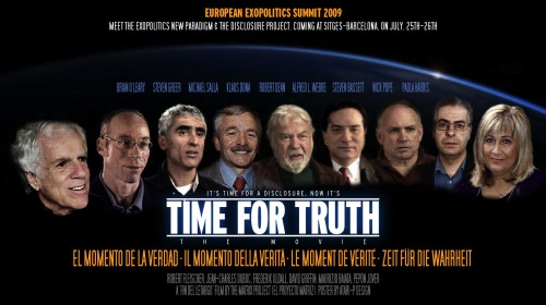 Time for truth. Cartel de documental de la Primera Cumbre Europea de Exopolítica, celebrada en Sitges el 25 y 26 de Julio de 2009.
